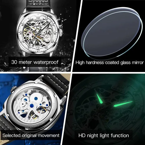 Vista 5 de OUPINKE Relojes automáticos de esqueleto para hombre, mecánica, cuerda automática, correa de cuero elegante, estilo steampunk, luminoso