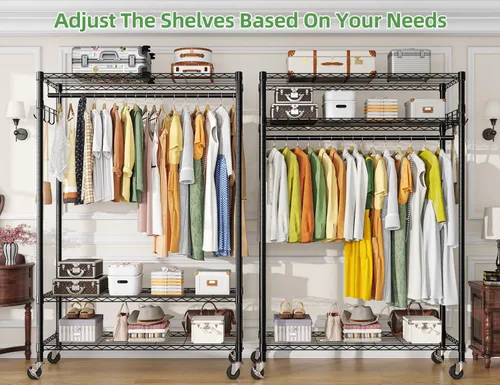 Vista 4 de Simple Trending Estante de ropa resistente de 3 niveles ajustable con varillas dobles y ganchos laterales, estante de almacenamiento de armario