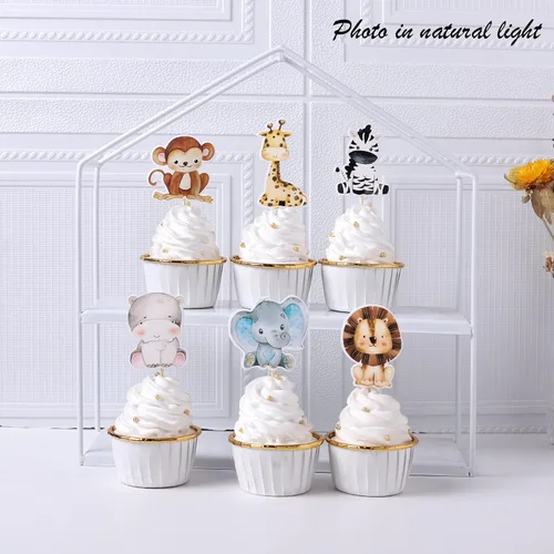 Vista 3 de 36 piezas de decoración para cupcakes de animales de la jungla, león, mono, cebra, hipopótamo, jirafa, elefante, temática de bosque, púas