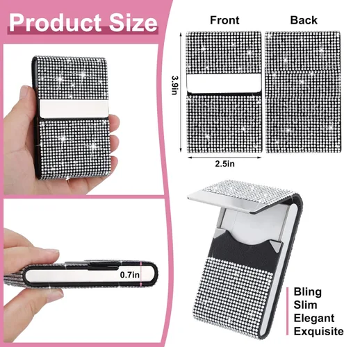 Vista 2 de Woanger Tarjetero de piel sintética con diamantes de imitación, 2 unidades, para tarjetas de crédito, tarjetero de bolsillo para mujer, tarjetero