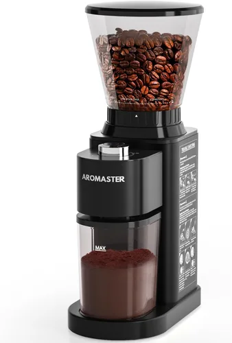 Vista 7 de Aromaster Molinillo de granos de café con 48 ajustes de molienda, molinillo de café de rebabas cónicas para uso doméstico, acero inoxidable
