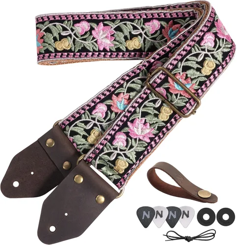 Vista 35 de Nefelibata Correa de guitarra, correas de guitarra de algodón bordado jacquard con extremos de cuero de caballo loco para bajo, eléctrico