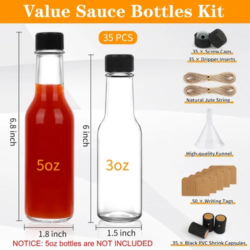 Vista 2 de GUANENA Paquete de 35 Botellas de Salsa Picante de 3 oz, Vidrio Transparente, A Prueba de Fugas, Reutilizables, Perfectas para Salsas, Bebidas