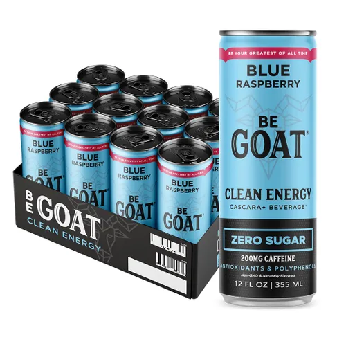 BeGOAT Clean Energy | Frambuesa azul, cero azúcar, 6 ingredientes, a base de plantas, cero azúcar, sin OMG, vegano, 200 mg de cafeína natural, latas