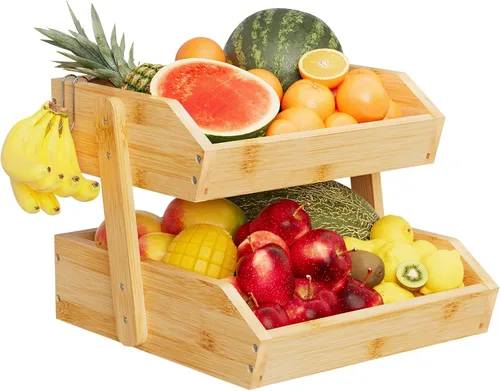 Vista 13 de Cesta de frutas de bambú de 2 niveles para encimera de cocina, gran capacidad de almacenamiento de frutas en la encimera, soporte de frutas