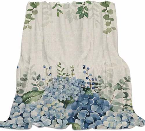 Super Soft Flannel Fleece Blanket, Farmhouse Eucalyptus Blue Hydrangea Plants Linen Lightweight Blankets, Cozy Microfiber Plush Throw Blankets for
