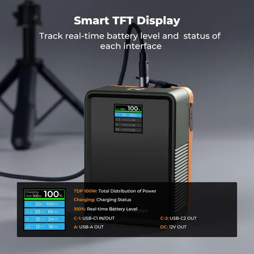 Vista 4 de K&F CONCEPT Batería de Montaje en V de 99Wh con Carga Rápida PD100W 14.8V/6700mAh Mini Batería de Montaje en V con D-Tap, DC, USB-C Dual, USB-A