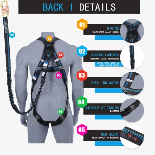 Vista 3 de Kit de protección contra caídas de arnés de seguridad, arnés de seguridad de cuerpo completo de 3 puntos con cordón interno de absorción de impactos