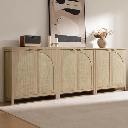 Vista 13 de SICOTAS - Aparador de buffet con almacenamiento de ratán, gabinete de credenza moderno con puertas de arco y estantes ajustables, gabinetes