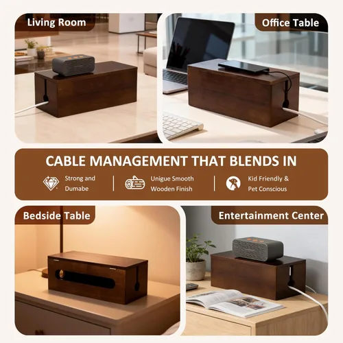 Vista 8 de Caja grande de gestión de cables de madera, caja organizadora de cables de regleta de alimentación, cables de TV para ocultar eléctricos, cables
