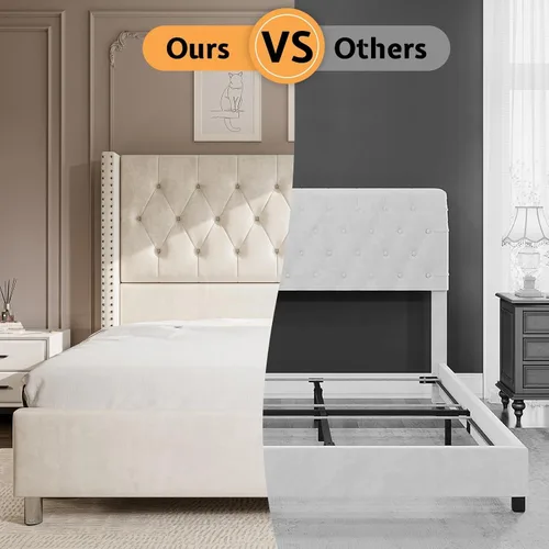 Vista 21 de Jocisland Base de cama tapizada de terciopelo tamaño King, con plataforma capitoné de perfil bajo, cabecera con alas elevadas, soporte de listones