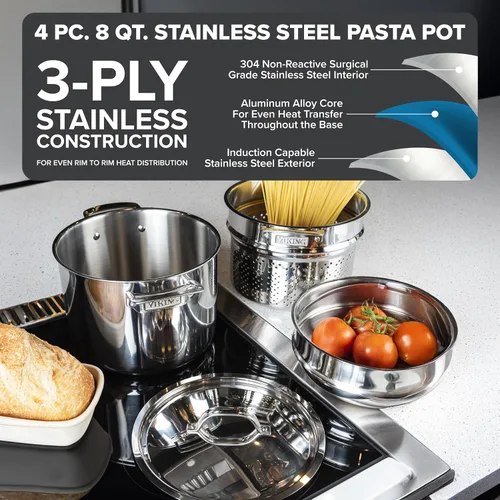 Vista 2 de Viking - Olla de pasta de acero inoxidable de 3 capas con tapa, 7,5 litros, juego de 4 ollas multiusos para cocina, incluye inserto para pasta