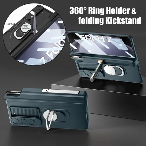 Vista 7 de Funda para Samsung Galaxy Z Fold 5 con protección magnética de bisagra, soporte de anillo y soporte para bolígrafo S, funda resistente a prueba