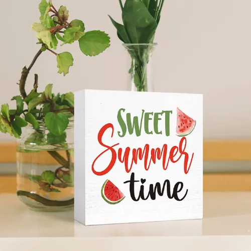Vista 4 de Divertido letrero de madera de verano con texto en inglés «Sweet Summer Time» de sandía, decoración de escritorio para el hogar, oficina, cocina