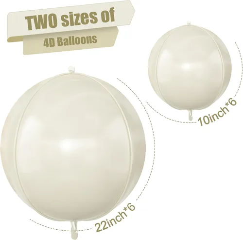 Vista 2 de 12 globos redondos de aluminio blanco crema, globos de 22 pulgadas y 10 pulgadas 4D de Mylar marfil de helio 4D, color beige, blanco arena