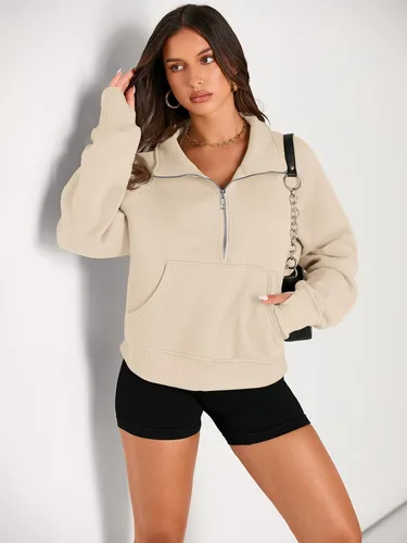 Vista 2 de AUTOMET Sudaderas con media cremallera para mujer, sudadera corta de vellón con cremallera de un cuarto, sudaderas con capucha para el otoño, a