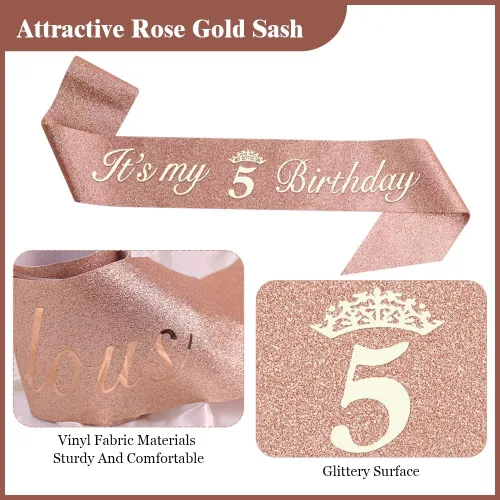 Vista 5 de Decoraciones de 5º cumpleaños para niñas, incluyendo corona y banda de tiara de diamantes de imitación de oro rosa, velas de números, adornos