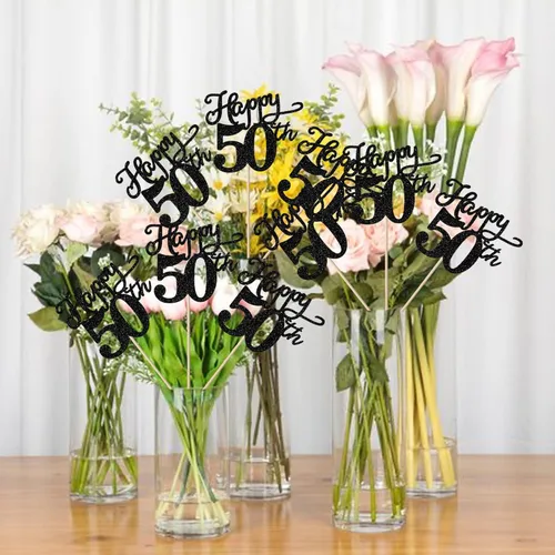 Vista 5 de Rsstarxi Paquete de 12 palitos de centro de mesa de cumpleaños número 50 para decoración de mesa de cumpleaños 50 para hombre, decoración de mesa