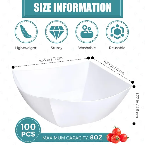 Vista 3 de Sliner 100 Piezas Cuencos de Plástico Cuadrados 8 oz Cuencos de Servir de Plástico Desechables Contenedores de Chips para Fiestas, Contenedores
