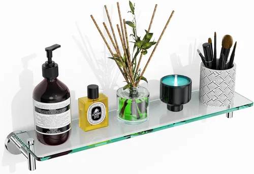 Vista 15 de Estantes de baño de vidrio, estantes flotantes dorados cepillados para pared, rectangular, moderno, estante de vidrio de acero inoxidable