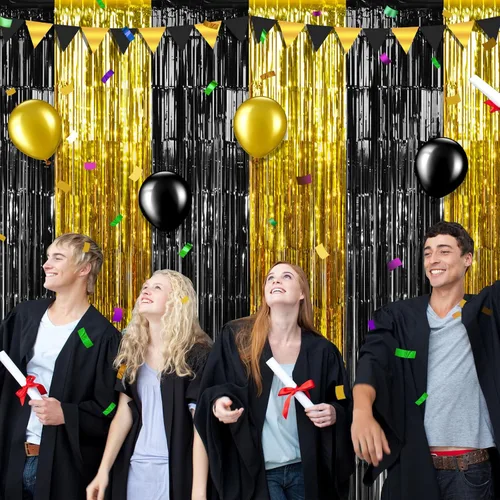 Vista 6 de Pack de 6 Cortinas de 1 m x 2 m con Flecos de Aluminio para Graduación, Cortinas de Oropel Metálico en Oro Negro, Tiras de Papel de Aluminio