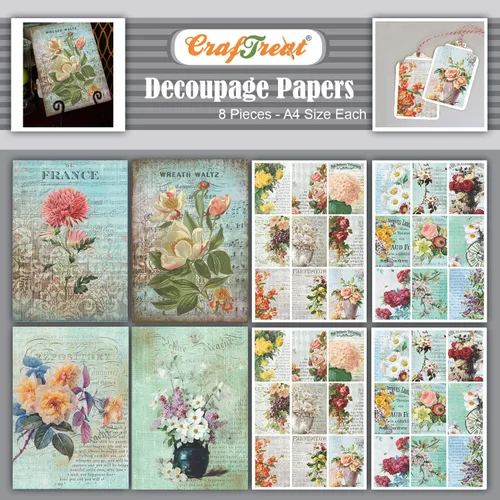 CrafTreat Papel de decoupage floral para manualidades, flores y mini florales. Tamaño: A4 (8.3 x 11.7 pulgadas), 8 piezas, papel de decoupage para