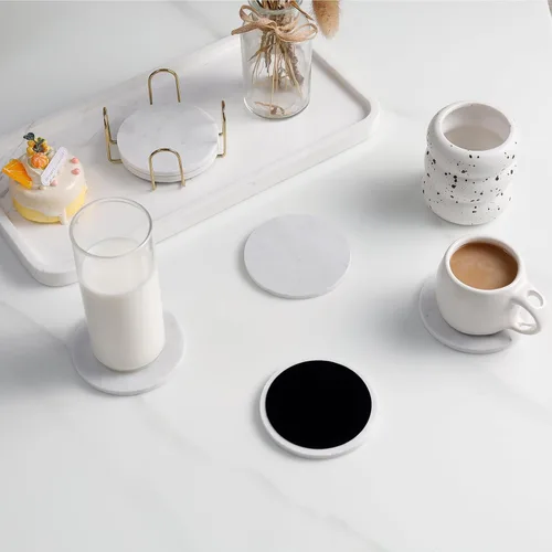 Vista 4 de Carrara - Juego de 6 posavasos de mármol blanco con soporte, elegantes y modernos posavasos redondos de mármol blanco para decoración de mesa
