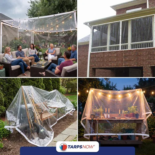 Vista 4 de Tarps Now - Lona de vinilo transparente ignífuga de grado marino, (5 x 5 pies) con ojales de latón, lona impermeable y resistente, cubierta