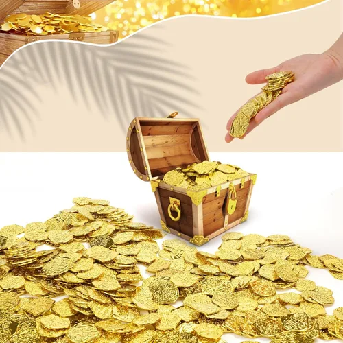 Vista 6 de Monedas piratas de oro de plástico, 100 unidades, juego del tesoro pirata, réplica dorada, monedas de doblones españoles con frasco, juego
