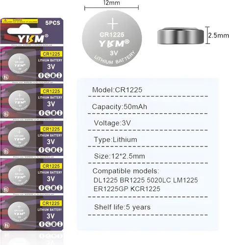 Vista 2 de YKM Paquete de 5 baterías de litio CR1225 BR1225 3V CR 1225 para termómetro