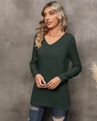 Vista 9 de Riyiper 2 camisetas de manga larga para mujer, cuello en V, lisas, casuales, holgadas, camisetas