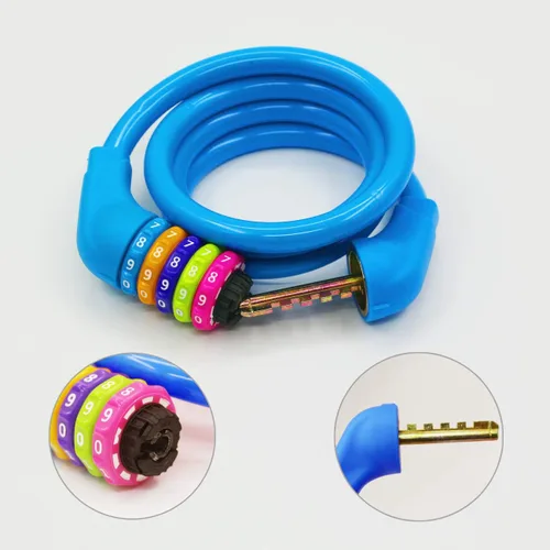 Vista 3 de Candados de bicicleta - Candado de cable reiniciable de 4 pies - Candado de bicicleta con combinación de 5 dígitos autoenrollable (azul)