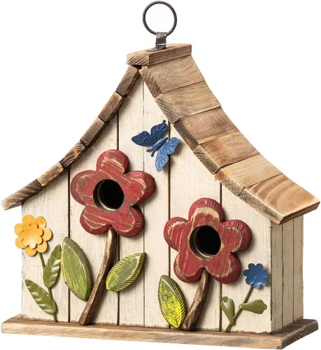 Vista 18 de Glitzhome Casas para pájaros colgantes para exteriores, 10.75 pulgadas de largo, madera maciza envejecida con flores 3D, rústicas pintadas a mano