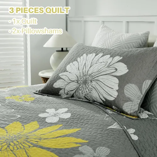 Vista 4 de PANGUSHAN Juego de edredón de 100 % algodón tamaño Queen, juego de ropa de cama tamaño Queen, edredón reversible floral acolchado para cama Queen