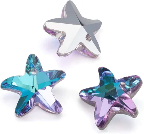Vista 3 de FASHEWELRY 30 dijes colgantes de cristal facetado con estrellas de mar, multicolor, cristal del océano y playa, cuentas con parte trasera plateada