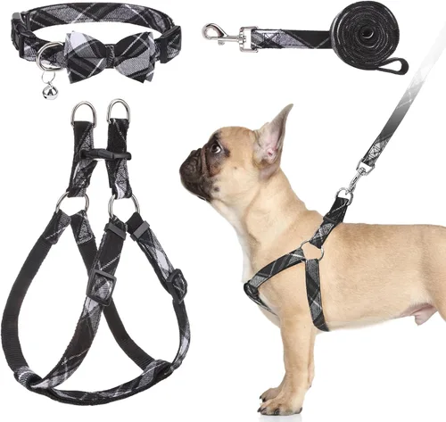 Vista 21 de Juego de arnés para perro con correa y collar de corbatín - Arnés para cachorro a cuadros beige, a prueba de escape, chaleco ajustable sin tirones