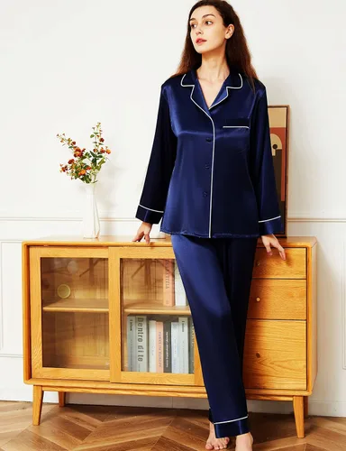 Vista 4 de ZKAIER Conjunto de pijama para mujer, de satén de seda, suave, de manga larga, con botones, conjunto de pijama de dos piezas