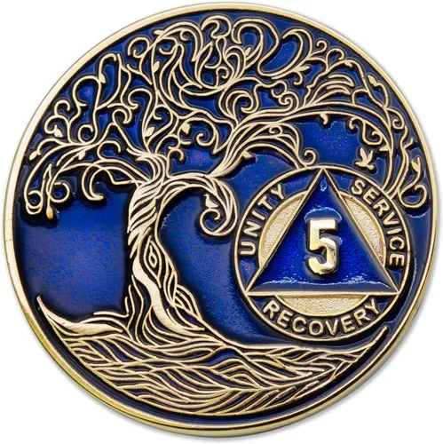 Vista 91 de 1 año Sobriety Mint Twisted Tree of Life Medallón de recuperación AA chapado en oro, chip/ficha - negro