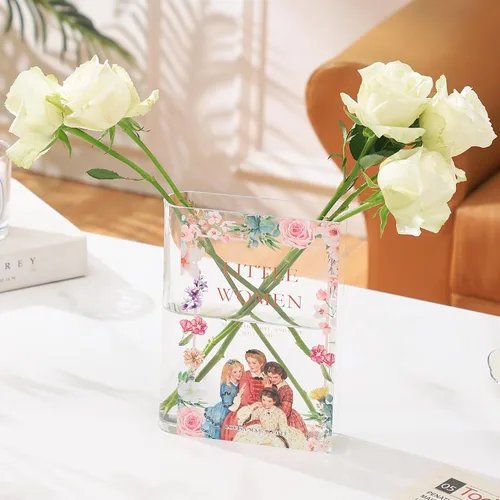 Vista 15 de Florero acrílico con forma de libro para flores, florero de libro, pequeños jarrones transparentes para el hogar, sala de estar, estantería
