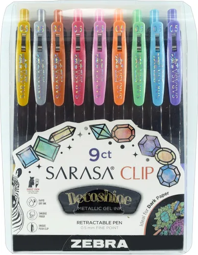 Zebra Pen Sarasa Clip Decoshine - Bolígrafo de gel retráctil, punta fina de 0.020 in, colores metálicos surtidos, funciona bien en papel oscuro,