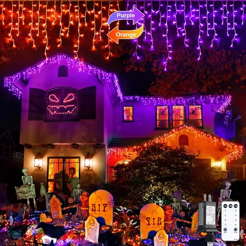 Vista 12 de JMEXSUSS 400 luces LED de Navidad de carámbano de 38.8 pies con control remoto, tira de luces multicolor para exteriores enchufables, 8 modos