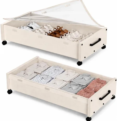 KITHELP Almacenamiento debajo de la cama con ruedas, cajones de madera debajo de la cama, 2 paquetes, contenedores de almacenamiento rodantes debajo