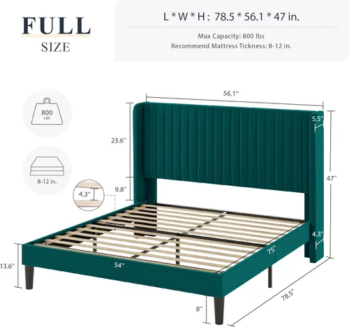 Vista 37 de Allewie Marco de cama de terciopelo tamaño Queen, cabecera capitonada con canal vertical, plataforma tapizada, listones de madera fuertes,