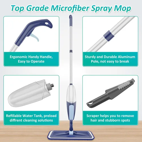 Vista 5 de Mopa con aerosol para limpieza de suelos, mopa de microfibra para pisos de madera TRAV-ROUND con 3 almohadillas lavables reutilizables, apta