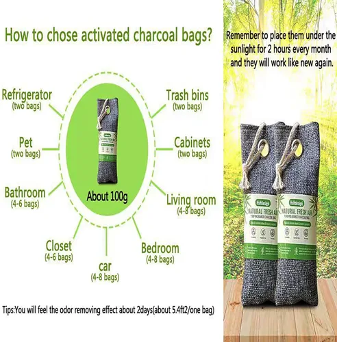Vista 3 de Bolsas de carbón activado, absorbentes de olores, paquete de 10 bolsas purificadoras de aire de carbón de bambú, absorbente de humedad, ambientador