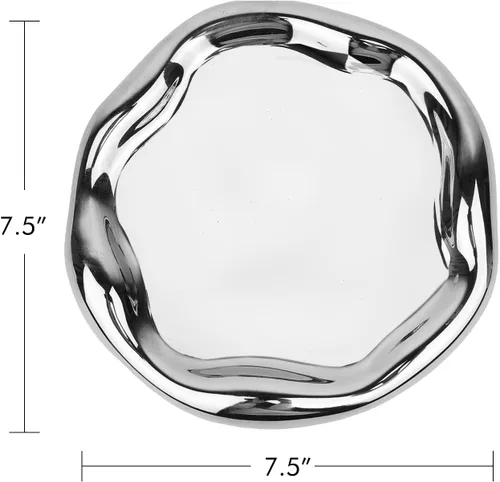 Vista 4 de Bandeja Plateada Decorativa Bandeja de Tocador Bandeja de Baño Plato para Joyas Cerámica Plateada Soporte de Plato Redondo Bandeja de Maquillaje