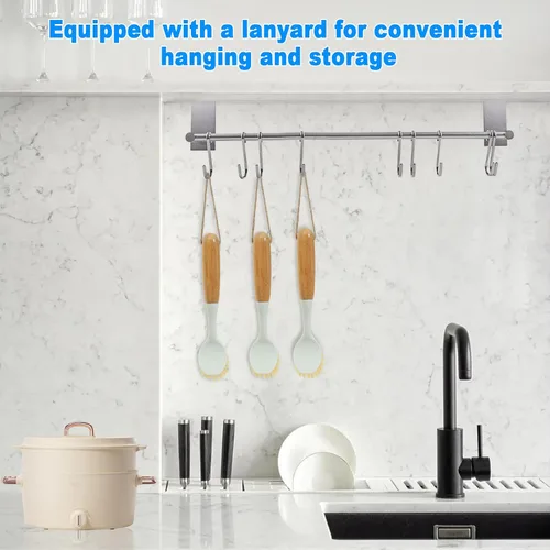 Vista 6 de Cepillo de bambú para platos, paquete de 3 cepillos de cocina con mango de bambú, juego de limpiador de platos con raspador integrado, cepillo