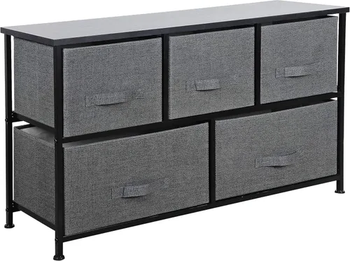 Vista 14 de Cómoda de tela con 5 cajones para almacenamiento, baúl de tela con cesta profunda, marco de acero resistente y parte superior de madera, Gris claro