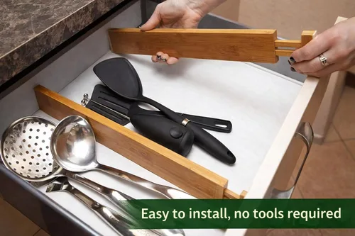 Vista 3 de Separadores de cajones de bambú, paquete de 6 unidades de 2.4 pulgadas de altura ajustable de 12.5 a 17 pulgadas, funciona en cocina, tocador, baño