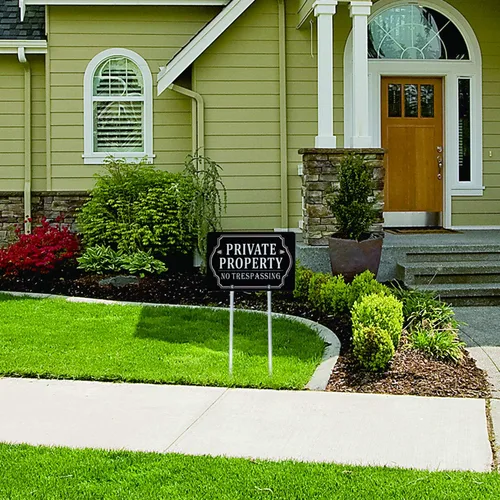 Vista 5 de Kichwit Señal de propiedad privada No Trespassing de doble cara, aluminio, letrero de no trespassing para suelo, mide 12 x 8 pulgadas, estacas